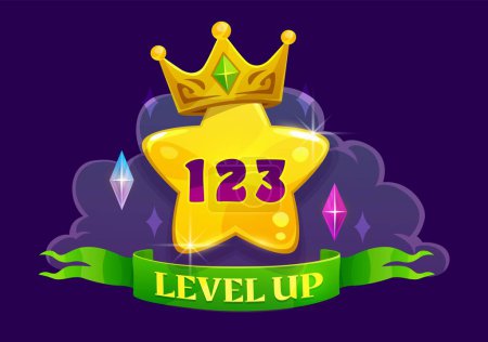 Illustration for Game interface level up badge and win icon. Vector ui bonus label with golden star, crown, green award ribbon and gemstones. Medal for achievement, development reward, cartoon trophy experience growth - Royalty Free Image