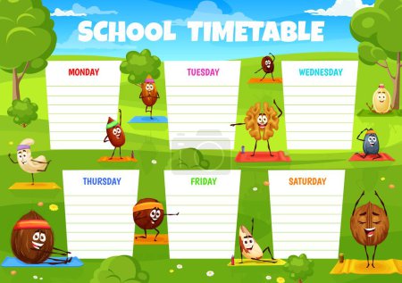 Illustration for Education timetable schedule cartoon nuts characters on yoga. School vector template with pistachio, almond, walnut or coconut. Sunflower or pumpkin seeds, brazil or macadamia and coffee bean exercise - Royalty Free Image