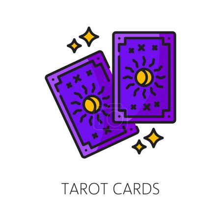 Ilustración de Tarot cartas brujería y magia icono. Signo lineal vectorial aislado, herramienta enigmática con simbólico místico utilizado para la adivinación y la introspección, poseen una esencia mágica y la iluminación espiritual - Imagen libre de derechos