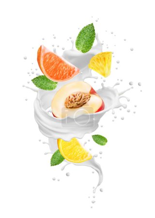 Illustration for Realistic milk drink swirl wave splash and fruits. Isolated vector dairy yogurt or cream white liquid twist with peach, lemon, pear, grapefruit, pineapple, mint leaves and drops. Fresh fruity mix - Royalty Free Image