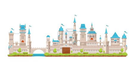 Illustration for Medieval fortress castle. Knight stone fortress with gate, towers turrets, bridge and flags. Isolated cartoon vector antique building, middle ages architecture. Fantasy magic or fairytale royal house - Royalty Free Image