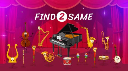 Illustration for Find two same cartoon musical instrument characters on the stage. Objects compare kids puzzle, difference spotting game vector worksheet with lyre, flute, bass, horn and harp, piano comical personages - Royalty Free Image