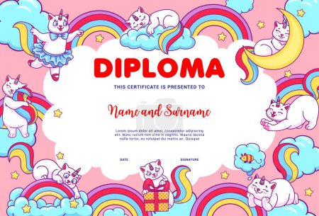 Illustration for Kids diploma, cartoon caticorn cats on rainbow and clouds, vector education certificate. Cute cat unicorn or caticorn kitten characters playing on school or kindergarten workshop diploma background - Royalty Free Image