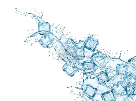 Illustration for Blue water wave cascade splash and ice crystal cubes. Vector 3d realistic liquid wave, transparent falling iced blocks and melting droplets. Fresh drink and frozen icy pieces stream in dynamic motion - Royalty Free Image