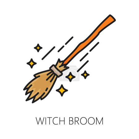 Illustration for Witch broom witchcraft and magic icon. isolated vector linear broomstick with sleek wooden handle and bristles with sparks. Halloween sign representing mystical powers, fantasy, and the supernatural - Royalty Free Image