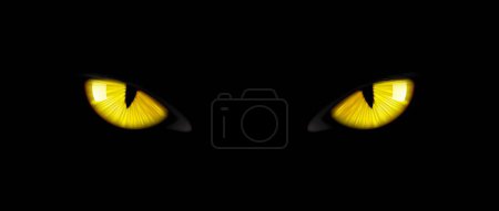 Illustration for Black cat eyes, yellow glowing, intense, striking and mesmerizing panther pupils pierce through the darkness, evoking mystery, felines enigmatic power and enchantment. Vector Halloween background - Royalty Free Image