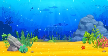 Téléchargez les illustrations : Paysage sous-marin, jeu d'arcade niveau de l'océan. Fond de parallaxe vectoriel dessin animé avec fond marin, bancs de poissons et silhouettes de dauphins. Corail, plantes et roches. plancher océanique tropical, monde sous-marin - en licence libre de droit