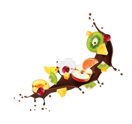 Ilustración de Chocolate bebida de leche chorro de flujo con frutas maduras. Aislado 3d vector marrón salpicadura con jugosa manzana, toronja o rodaja de limón, kiwi, bayas de cereza y mango dados en movimiento con gotitas dulces líquidas - Imagen libre de derechos