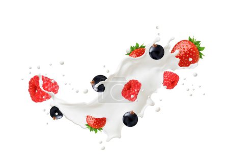 Illustration for Milk drink splash with ripe berries. Cream, yogurt or milkshake splash 3d vector drip. Calcium diary product flow 3d realistic ripples or jet droplets with strawberry, blackcurrant and raspberry berry - Royalty Free Image