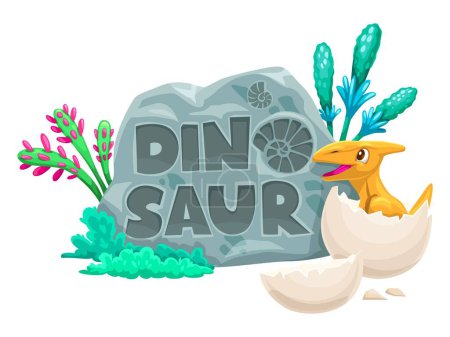 Illustration for Cartoon dino character with egg. Funny hatched baby pterodactyl dinosaur. Isolated vector cute prehistoric jurassic era animal near the stone plate with plants, text and ancient mollusk shell print - Royalty Free Image