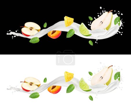 Illustration for Realistic milk drink long wave splash and fruits. Isolated vector realistic dairy yogurt or cream white liquid stream with apple, peach, lime, pear, pineapple, mint leaves and drops. Fresh fruity mix - Royalty Free Image