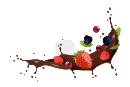 Illustration for Realistic chocolate milk flow splash with berries and drops. Isolated 3d vector choco wave, dessert splatter with fresh strawberry, raspberry, blackberry, cranberry, green leaves. Sweet liquid stream - Royalty Free Image