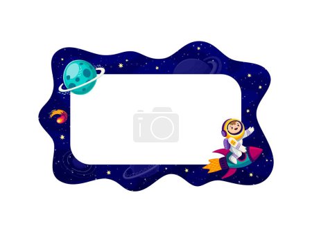 Illustration for Border frame with galaxy space landscape and spaceman adds touch of cosmic wonder, merging the realms of imagination and Universe exploration. Vector empty card with funny kid astronaut riding rocket - Royalty Free Image