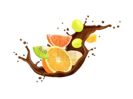 Illustration for Realistic chocolate milk wave splash with fruits. Yogurt and hot cacao, chocolate sweet dessert beverage flow isolated realistic vector ripples with grapes, grapefruit, orange and banana, kiwi fruits - Royalty Free Image