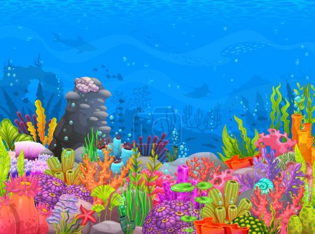 Téléchargez les illustrations : Paysage sous-marin avec coraux, récifs et algues. Fond vectoriel de bande dessinée, paysage marin vibrant avec un écosystème coloré florissant et des mauvaises herbes gracieuses, créant un environnement aquatique fascinant - en licence libre de droit