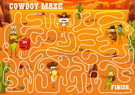 Téléchargez les illustrations : Labyrinthe labyrinthe jeu de dessin animé cow-boy, shérif et bandit personnages de légumes. Feuille de travail vectorielle pour enfants avec maïs, champignons, poivron et radis. Pommes de terre, asperges et haricots dans le désert du Texas avec des cactus - en licence libre de droit