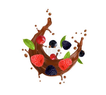 Illustration for Realistic chocolate milk round splash with berries. Isolated 3d vector cocoa wave, dessert swirl with raspberry, blackberry, cranberry, black currant, green leaves and drops, brown liquid stream - Royalty Free Image