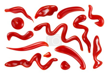 Realistische Tomatenketchup-Tropfen, Lecks und Spritzer, Flecken, Schmierereien und Spritzer. Realistische 3D-Vektor rote Sauce Splitter und Schmierereien isoliert Set. Würze und Gewürzkleckse, saure pflanzliche Catsup-Paste