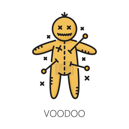 Illustration for Voodoo witchcraft and magic icon. Mystical puppet toy with pins. Isolated vector african tribal sign symbolizing folklore, belief in spellcasting, representing power, protection, and the supernatural - Royalty Free Image