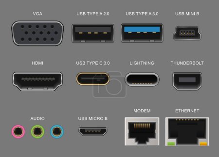 Connector and charge ports. Usb and vga, hdmi and audio realistic sockets for gadget and electronics device, laptop, modem, ethernet. Vector thunderbolt, lightning, mini or micro usb plug types