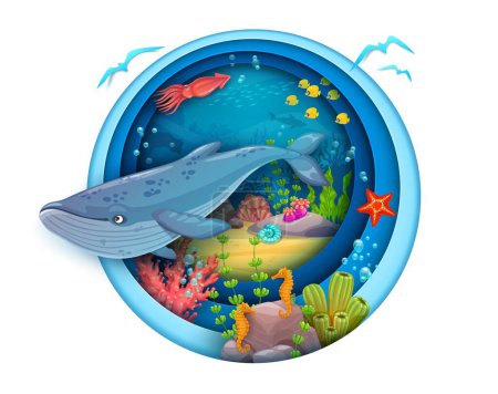 Underwater sea paper cut poster. Cartoon whale, ocean animals and seaweeds inside of 3d vector frame with layered effect captures the beauty of ocean with vibrant colors, and charming marine creatures