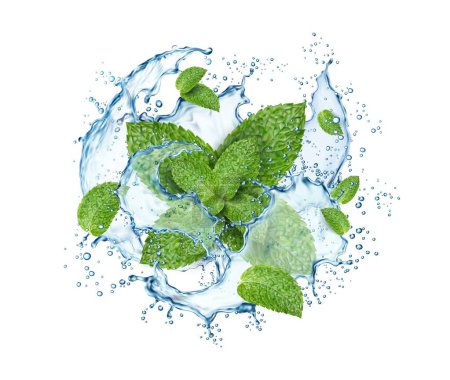 Illustration for Realistic water splash with green mint leaves. Fresh ice tea or lemonade isolated 3d vector design, evoking freshness and vitality. Refreshing iced beverage perfect for quenching thirst on a hot day - Royalty Free Image