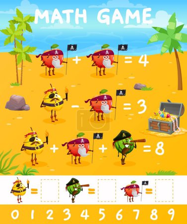 Illustration for Cartoon funny fruits pirate and corsair characters on math game worksheet, vector quiz. Apple pirate, watermelon captain and pear sailor, kids mathematics puzzle game for number count and calculation - Royalty Free Image