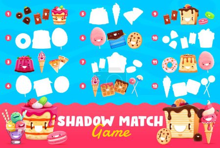 Illustration for Shadow match game cartoon sweets, dessert and ice cream characters. Kids mind development jigsaw with kawaii cotton candy, toffee, cake. Jelly pudding, chocolate, lollipop and donut with macaroon - Royalty Free Image