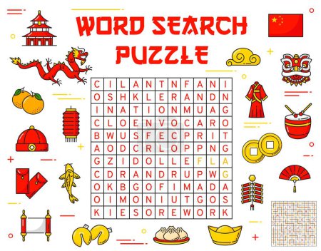 Illustration for Chinese holidays items. Word search puzzle game worksheet. Intellectual riddle, quiz or puzzle with words find task. Vocabulary game vector page with Chinese culture symbols, clothing items and meals - Royalty Free Image