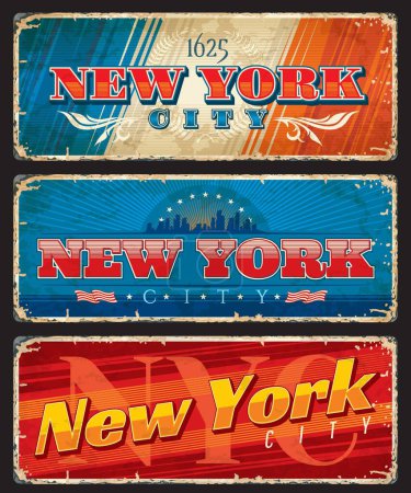 Ilustración de Placas de viaje y pegatinas de la ciudad de Nueva York, marcas de EE.UU. vector grunge tin banners. Skyline con edificios de paisaje urbano de Manhattan, olas de agua azul, bandera de Nueva York, estrellas y rayas pancartas postales vintage - Imagen libre de derechos