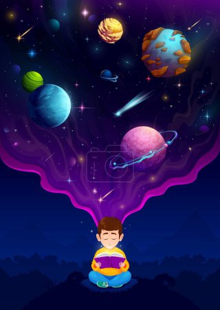 Illustration for Cartoon child boy reading a book at night and dreaming about space. Child exploring distant galaxies and discovering new worlds filled with stars, planets, and fascinating extraterrestrial creatures - Royalty Free Image