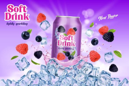 Illustration for Wild berries drink can, fruit juice splash and ice cubes. Vector ads poster with refreshing and delightful combination of blueberry, raspberry and blackberry flavors, burst of cool fruity goodness - Royalty Free Image