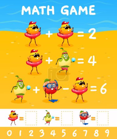 Illustration for Cartoon fruits on summer vacations, math game worksheet with funny characters, vector quiz. Cheerful apple with orange and pear fruit in kids mathematics education puzzle game for numbers count - Royalty Free Image