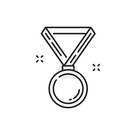 Illustration for Sport medal on ribbon, line icon of champion winner trophy, vector prize. Golden, silver or bronze sport medal award or badge for victory, first place achievement or sport game medallion award - Royalty Free Image