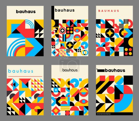 Illustration for Abstract geometric posters with Bauhaus patterns, vector minimal modern cover backgrounds. Bauhaus posters with retro shapes and simple Swiss art or vintage geometric abstract colors pattern - Royalty Free Image