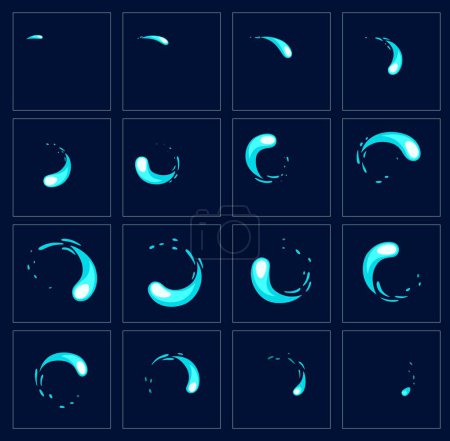 Illustration for Water motion sprite sheet of animated swirl, vector cartoon animation of liquid effect for game. Water splash motion frame of 2D FX sprite sheet of drop whirl or wave circle twirl and round rotating - Royalty Free Image