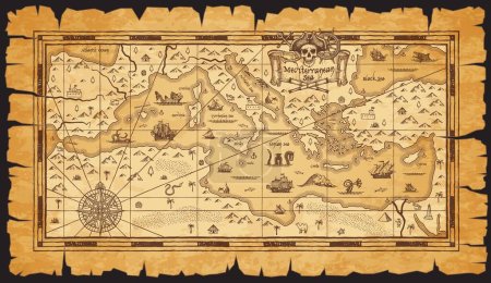 Old antique vintage map of Mediterranean Sea. Sea monster, compass wind rose and sail ship sketches. Vector fantasy islands, treasure chest and pirate skull, mountains, desert, castle, old parchment