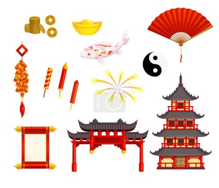 Illustration for Cartoon Chinese New Year or lunar year and holiday vector symbols of lantern and decorations. Chinese New Year festival icons of gold coins and koi fish of luck, fan and pagoda with petard fireworks - Royalty Free Image