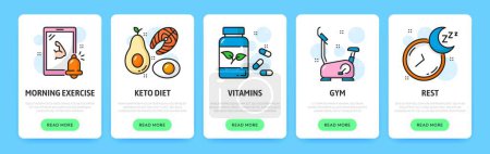 Illustration for Mobile app onboarding screen, keto diet, fitness, vitamins, gym and rest, vector application templates. Healthcare onboarding screen with line icons of gym exercises, diet and healthy eating plan - Royalty Free Image