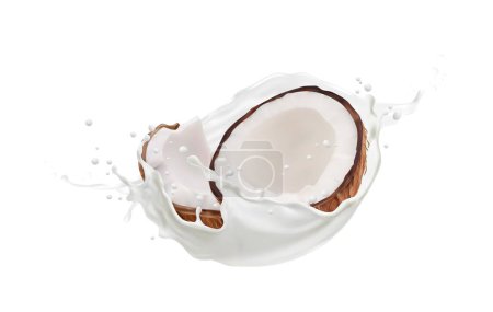 Illustration for Realistic coconut milk drink and splash with splatters evoking a sense of tropical delight and indulgence. Isolated 3d vector coco nut halves with fresh white liquid flow captured mid-air in motion - Royalty Free Image