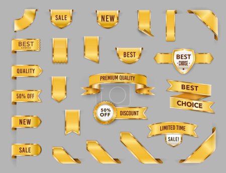 Illustration for Golden labels, luxury ribbons, premium banners and bookmarks, vector gold badges and tags. Premium quality golden labels of best choice product, sale and discount promotion or limited time promo offer - Royalty Free Image