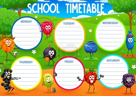 Stundenplan, Zeichentrick-fröhliche Beerenfiguren auf der Sommerwiese, Vektor-Bildungsplan. Lustige Erdbeere oder Himbeere mit Blaubeere in Fitness oder Sport auf dem Stundenplan der Kinderschule