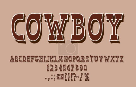 Ilustración de Western rodeo font, Texas type, Wild West typeface, american cowboy alphabet characters. Vector tipografía antigua fuente serif de letras y números mayúsculas marrones, espectáculo de rodeo, Western saloon rustic abc - Imagen libre de derechos