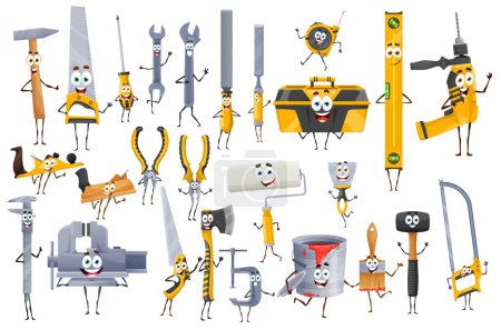 Illustration for Cartoon diy and construction tool characters. Funny repair instruments wallpaper roll, axe, drill, file or fretsaw, ruler pliers, jigsaw and planer, vice, trowel, tape measure, hammer or sledgehammer - Royalty Free Image