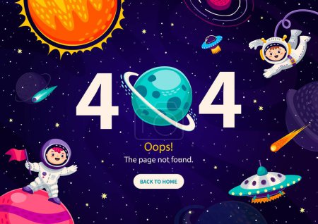 Illustration for Page 404, cartoon space landscape with astronauts and UFO between galaxy planets, vector website error. 404 error or web page not found, oops website service maintenance screen with galaxy planets - Royalty Free Image