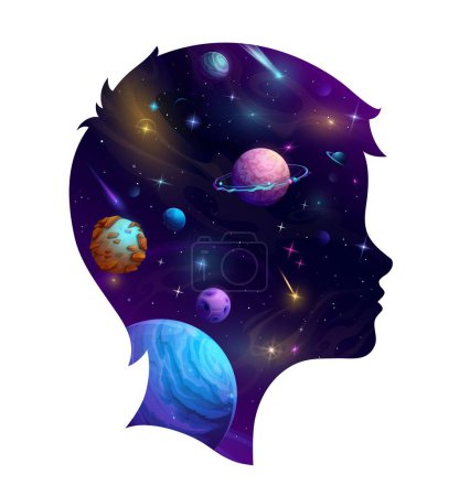 Illustration for Boy head silhouette and cartoon galaxy space. Double exposition. Vector male kid face profile with mesmerizing beauty of cosmos, enchanting stars, planets, nebulae and comets within of his mind - Royalty Free Image