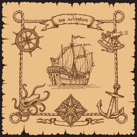 Illustration for Vintage pirate vessel ship with rope frame border, sketches of anchor, helm, old sea map compass and sextant, octopus and wind rose. Vector engraved sailboat, caravel or frigate with flags and sails - Royalty Free Image