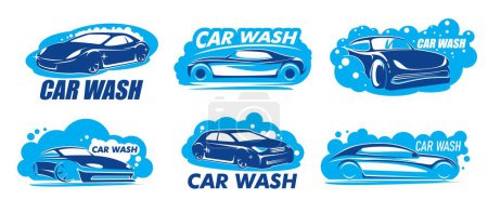 Illustration for Car wash icons with vector clean autos, soap foam and bubbles. Carwash or auto wash service isolated blue symbols set of shining automobiles, motor vehicle cleaning service emblems and badges - Royalty Free Image