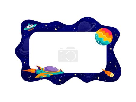 Illustration for Border frame with galaxy space landscape, spaceship and comet. Vector background with shuttle at mesmerizing otherworldly scene capturing imagination and inviting to explore the depths of far cosmos - Royalty Free Image