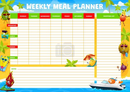 Illustration for Weekly meal planner, cartoon fruits characters on summer beach, food plan. Eating vector organizer of weekly diet schedule with papaya, mandarin and feijoa with pitaya fruit on summer sea holidays - Royalty Free Image